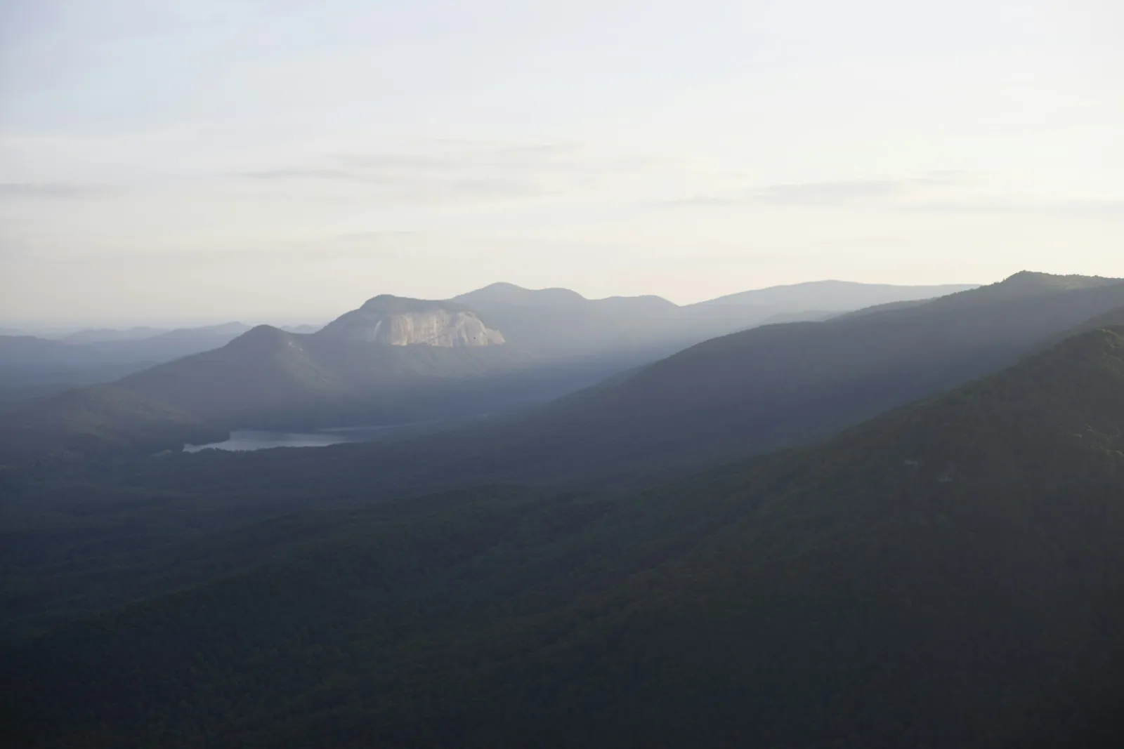View from Caesars Head of Table Rock Mountain and the Blue Ridge Escarpment in hazy morning light, Upstate South Carolina