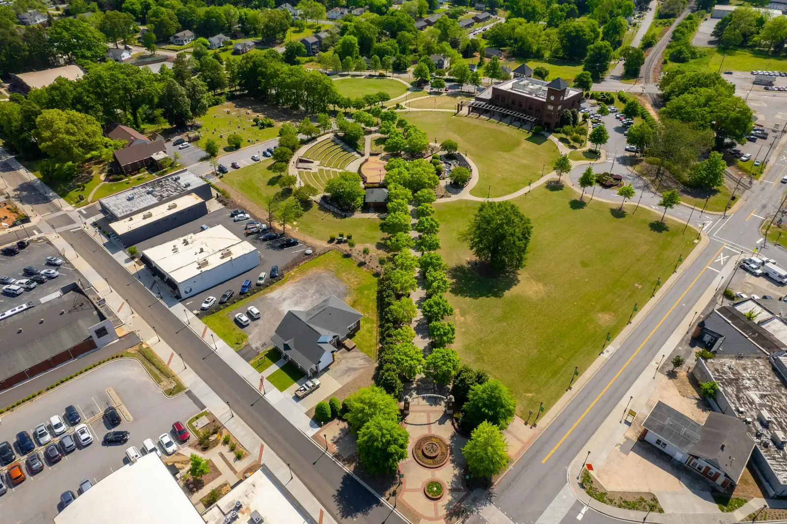 Aerial view of Greer City Park and downtown Greer, South Carolina